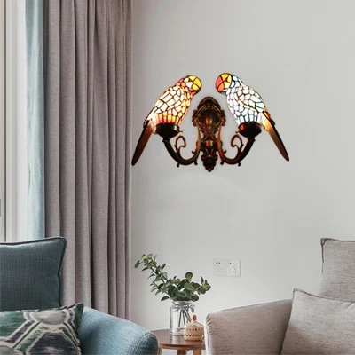 2 hoofden papegaai wandverlichting rustieke loft glas--lood wandkandelaar zwak messing/bronzen afwerking voor foyer