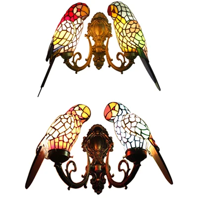 2 hoofden papegaai wandverlichting rustieke loft glas--lood wandkandelaar zwak messing/bronzen afwerking voor foyer