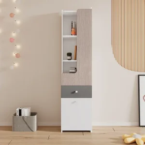 Hoog dressoir met 2 draaideuren en een lade - MDF hout - kleur wit + zacht iep + grijs