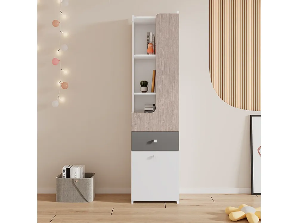 Hoog dressoir met 2 draaideuren en een lade - MDF hout - kleur wit + zacht iep + grijs