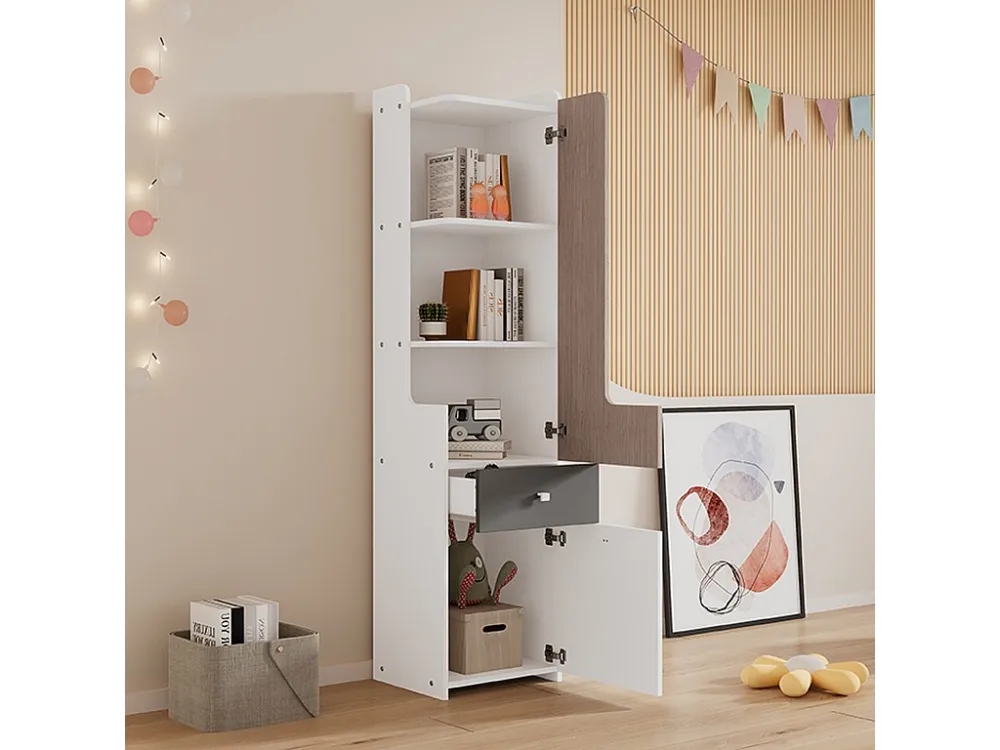 Hoog dressoir met 2 draaideuren en een lade - MDF hout - kleur wit + zacht iep + grijs