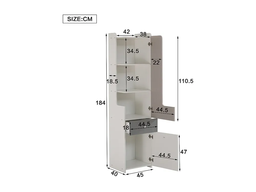 Hoog dressoir met 2 draaideuren en een lade - MDF hout - kleur wit + zacht iep + grijs