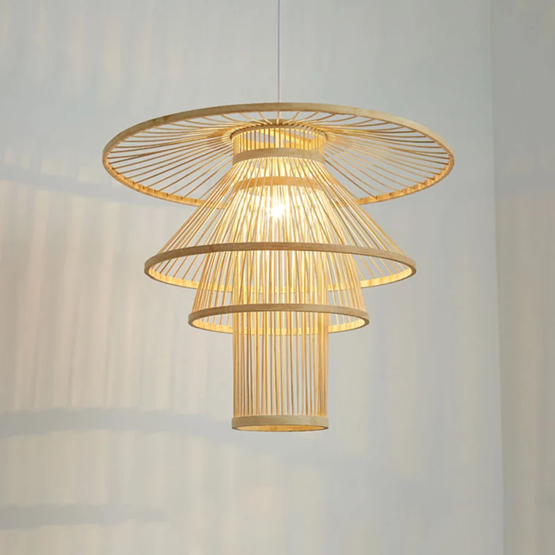 Houten gelaagde hanglamp Eenvoud 1 lamp Bamboe hanglamp voor theesalon