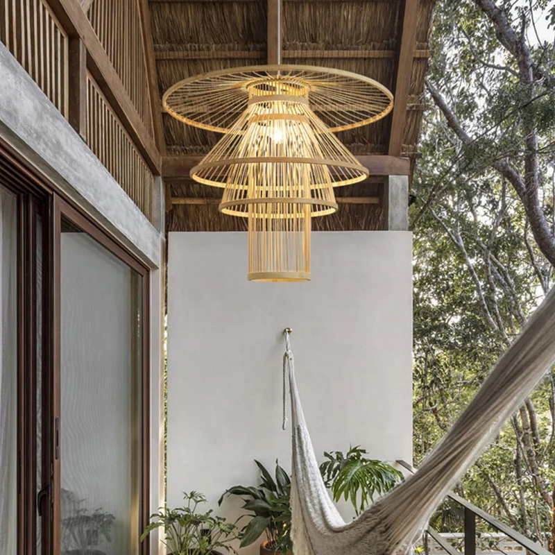 Houten gelaagde hanglamp Eenvoud 1 lamp Bamboe hanglamp voor theesalon