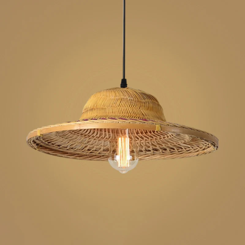 Houten strohoed hanglamp Eenvoud 1-lichts bamboe hangende verlichtingsarmatuur