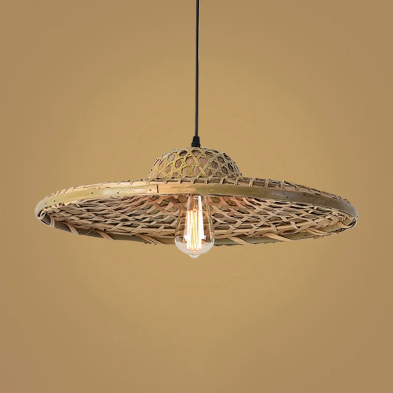 Houten strohoed hanglamp Eenvoud 1-lichts bamboe hangende verlichtingsarmatuur
