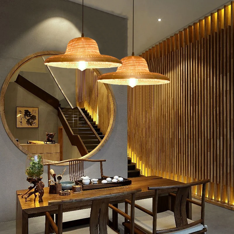 Houten strohoed hanglamp Eenvoud 1-lichts bamboe hangende verlichtingsarmatuur