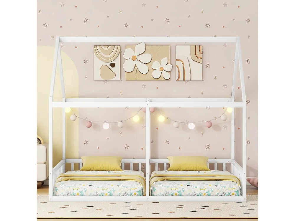 Kajuitbed van grenenhout 2x90x200cm - met dak en lattenbodem - Wit