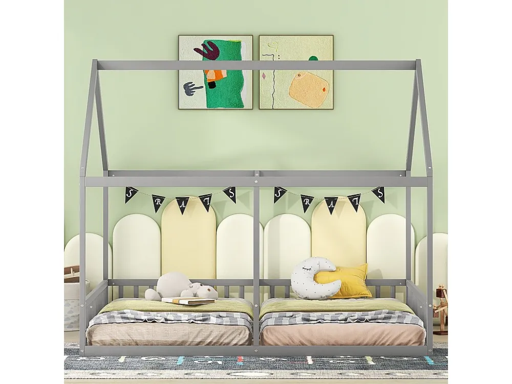 Kajuitbed van grenenhout 2x90x200cm - met dak en lattenbodem - Grijs