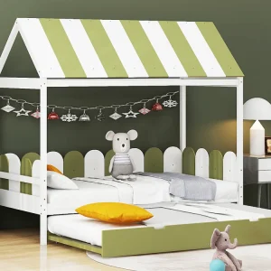 Kajuitonderschuifbed 2 x 90 x 190 cm met dak en rails - massief hout - groen + wit