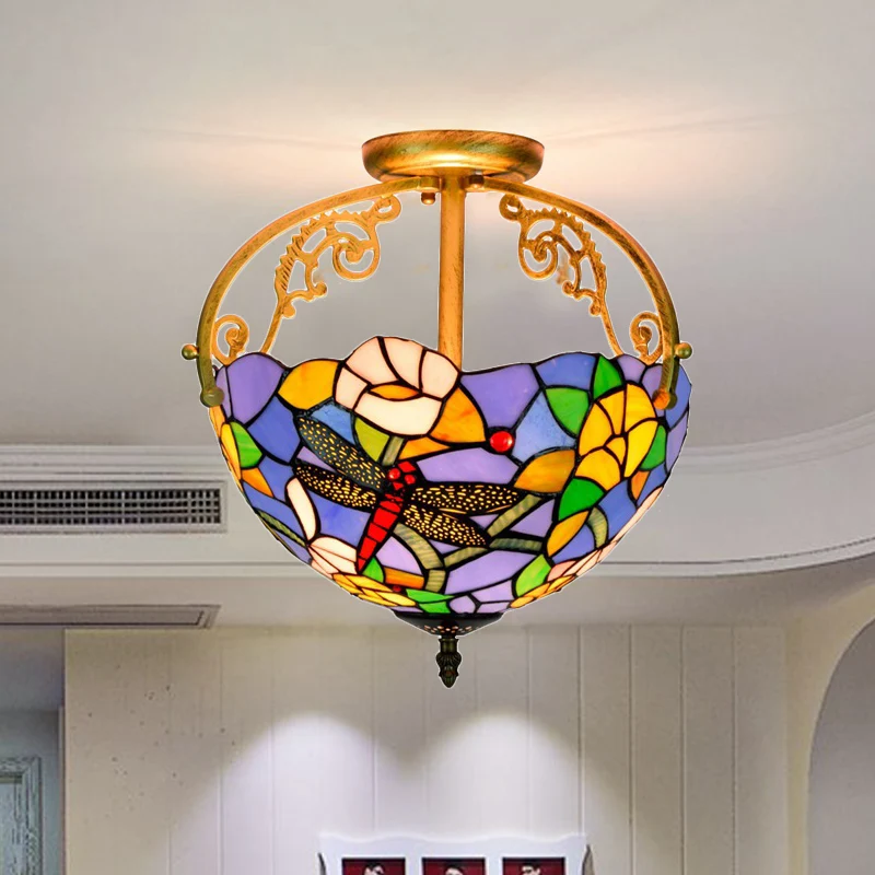 2 lampen keuken semi-inbouw mediterraan beige/rood/oranje compact bij plafondverlichting met libelle geslepen glazen kap