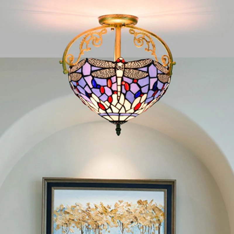 2 lampen keuken semi-inbouw mediterraan beige/rood/oranje compact bij plafondverlichting met libelle geslepen glazen kap