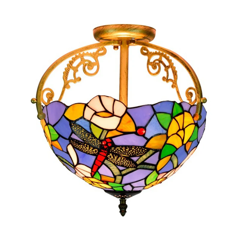 2 lampen keuken semi-inbouw mediterraan beige/rood/oranje intens bij plafondverlichting met libelle geslepen glazen kap