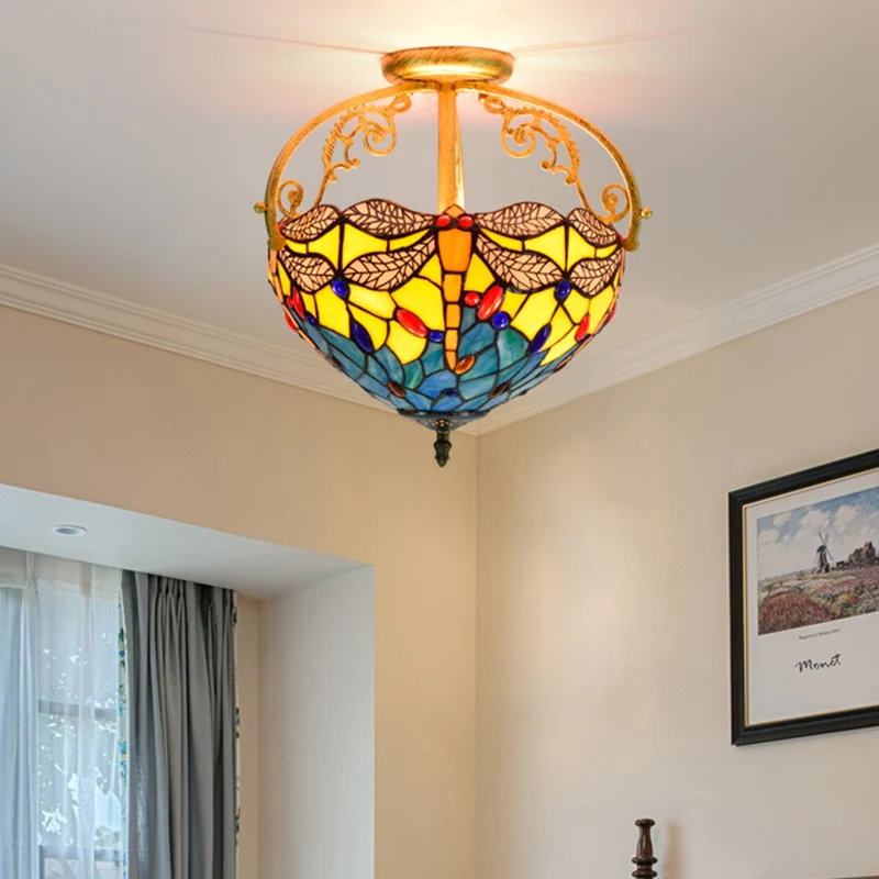 2 lampen keuken semi-inbouw mediterraan beige/rood/oranje intens bij plafondverlichting met libelle geslepen glazen kap