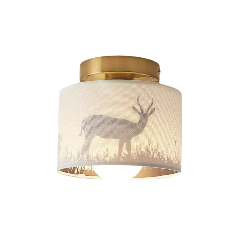 1 Light Drum Shade Semi Flush Mount Light Traditional Geel koper Finish Fabric Ceiling Lighting Elk/Leaf Pattern Brass