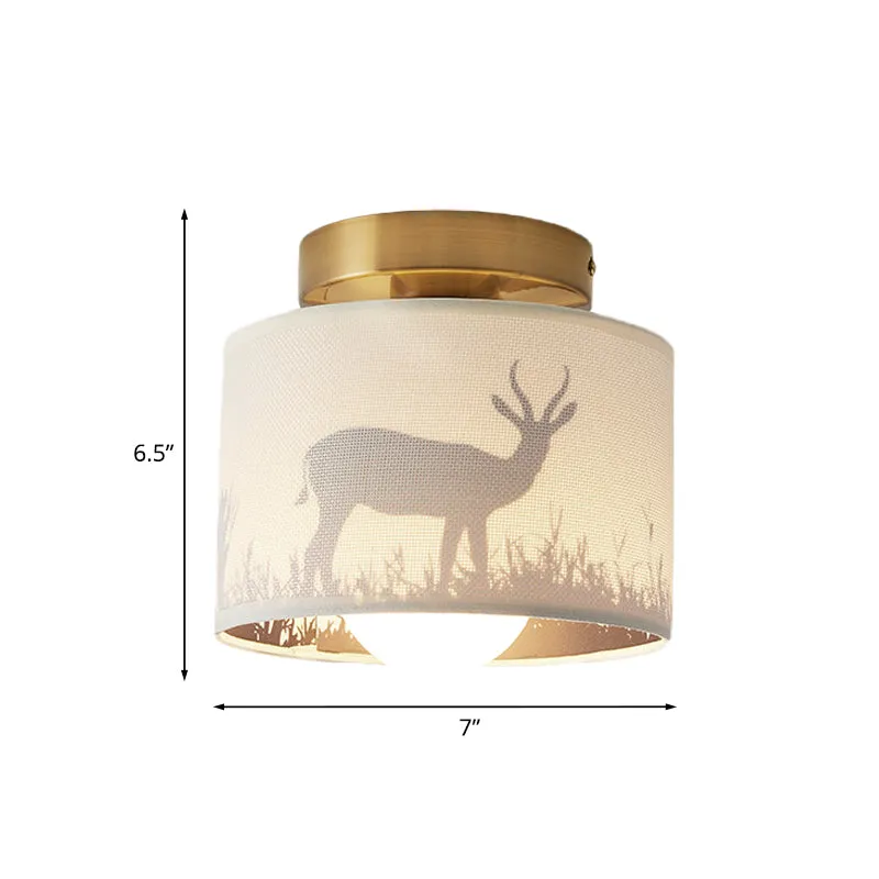 1 Light Drum Shade Semi Flush Mount Light Traditional Geel koper Finish Fabric Ceiling Lighting Elk/Leaf Pattern Brass