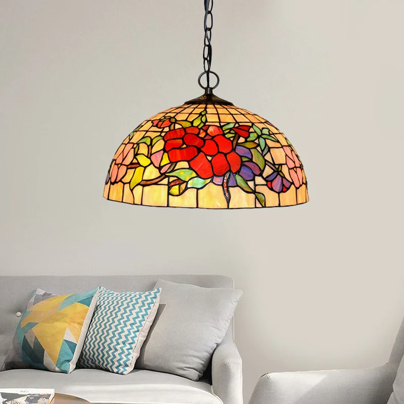 2 Lights Floral Ceiling Chandelier Tiffany-Style Red/Pink Stained Glaswerk Pendant Lamp Kitchen Red