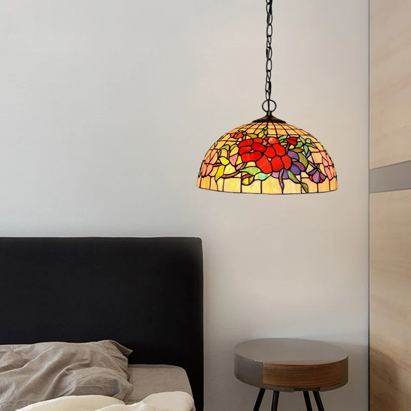 2 Lights Floral Ceiling Chandelier Tiffany-Style Red/Pink Stained Glaswerk Pendant Lamp Kitchen Red