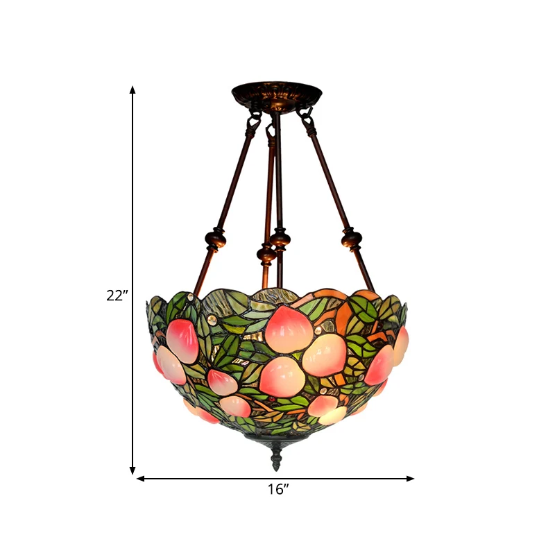 2 Lights Living Room Semi Flush Victorian Style Koperbruin Ceiling Light Fixture Dome Green/Pink/Red Stained Glass Shade Red