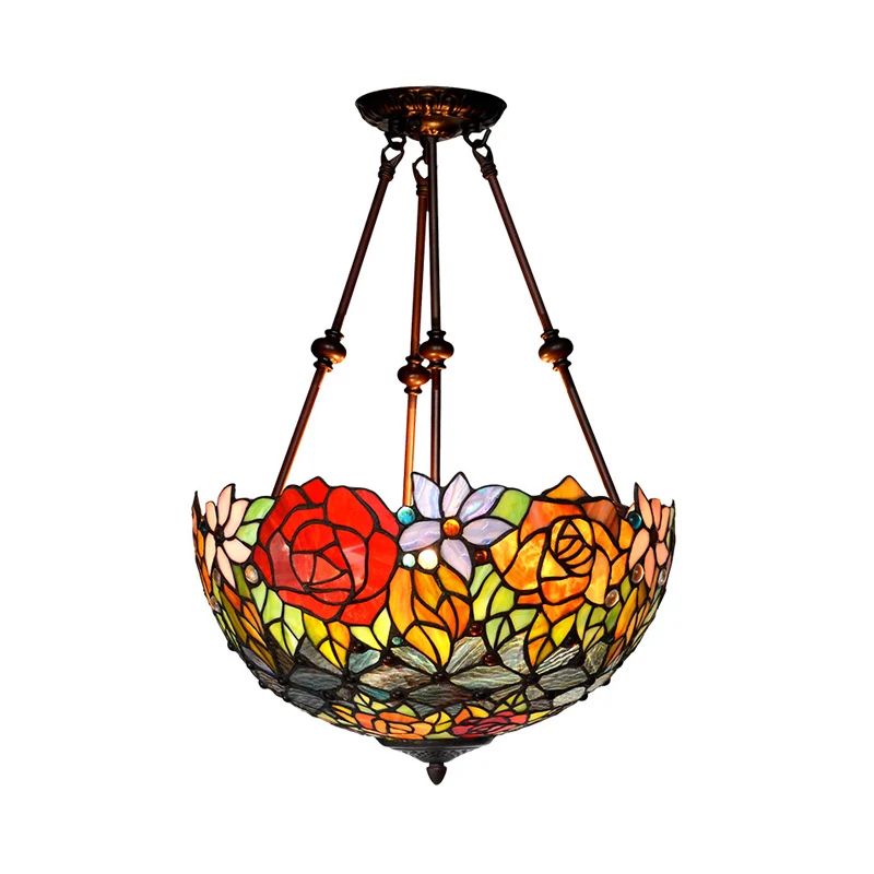 2 Lights Living Room Semi Flush Victorian Style Koperbruin Ceiling Light Fixture Dome Green/Pink/Red Stained Glass Shade Red