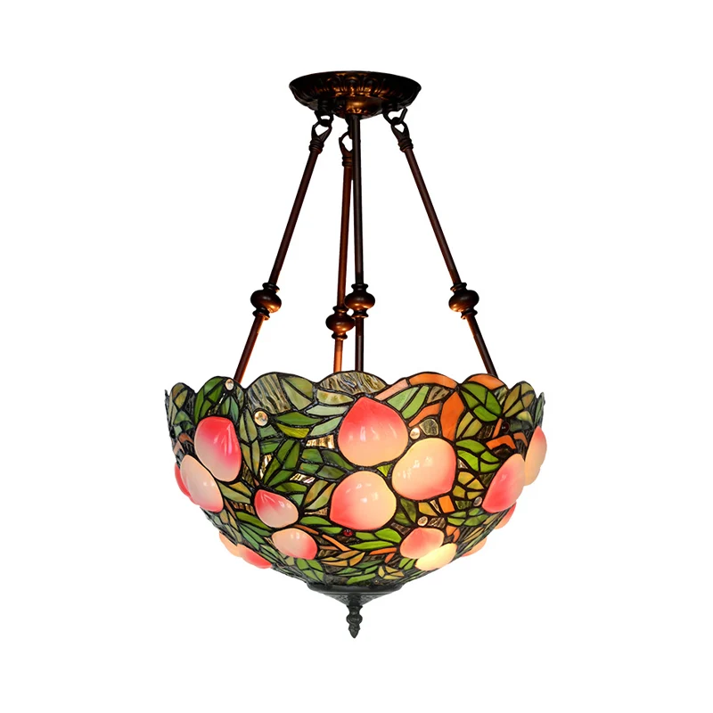 2 Lights Living Room Semi Flush Victorian Style Koperbruin Ceiling Light Fixture Dome Green/Pink/Red Stained Glass Shade Red