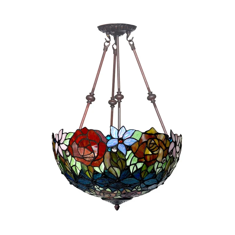 2 Lights Living Room Semi Flush Victorian Style Warm brons Ceiling Light Fixture Dome Green/Pink/Red Stained Glass Shade Red