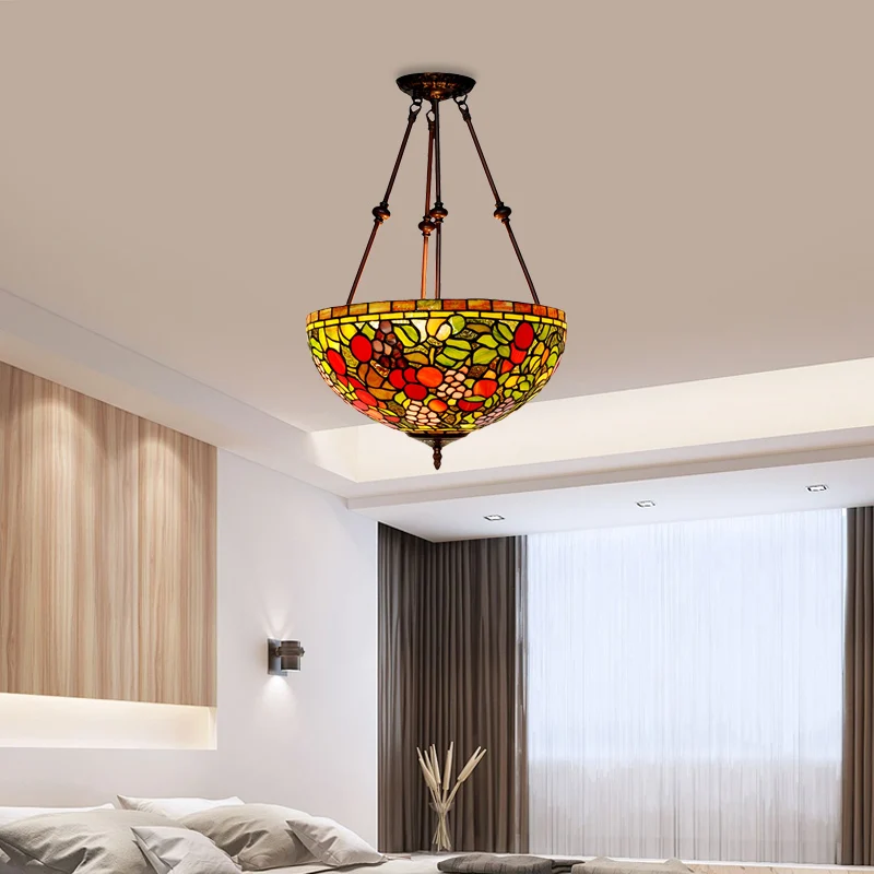 2 Lights Living Room Semi Flush Victorian Style Warm brons Ceiling Light Fixture Dome Green/Pink/Red Stained Glass Shade Red