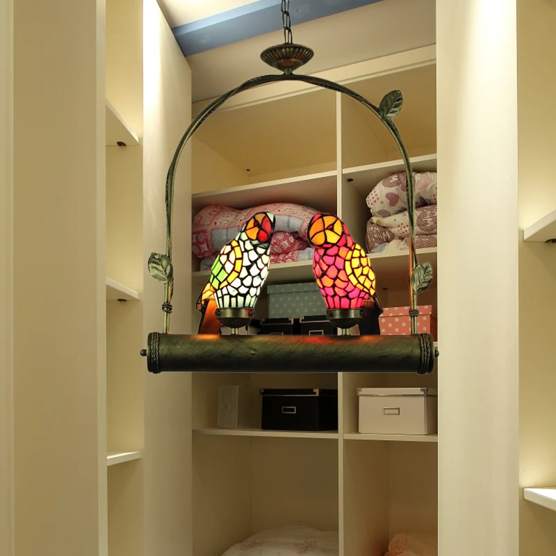 2 Lights Parrot Ceiling Light Tiffany Style Blue and Pink/Red and Yellow Stainless Glazen Hanging Lamp Perch Swing Red