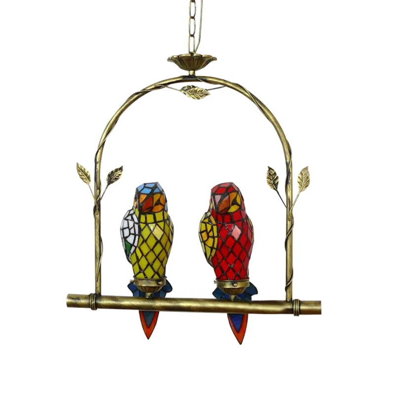 2 Lights Parrot Ceiling Light Tiffany Style Blue and Pink/Red and Yellow Stainless Glazen Hanging Lamp Perch Swing Red