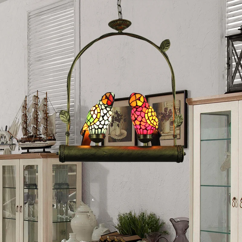 2 Lights Parrot Ceiling Light Tiffany Style Blue and Pink/Red and Yellow Stainless Glazen Hanging Lamp Perch Swing Red