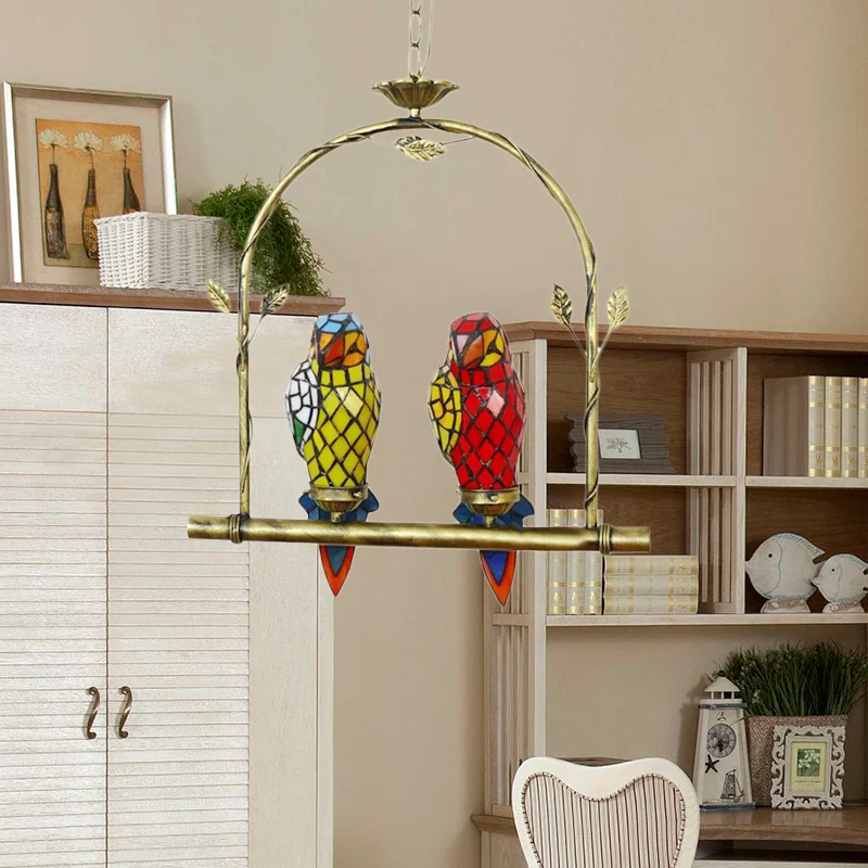 2 Lights Parrot Ceiling Light Tiffany Style Blue and Pink/Red and Yellow Stainless Glazen Hanging Lamp Perch Swing Red