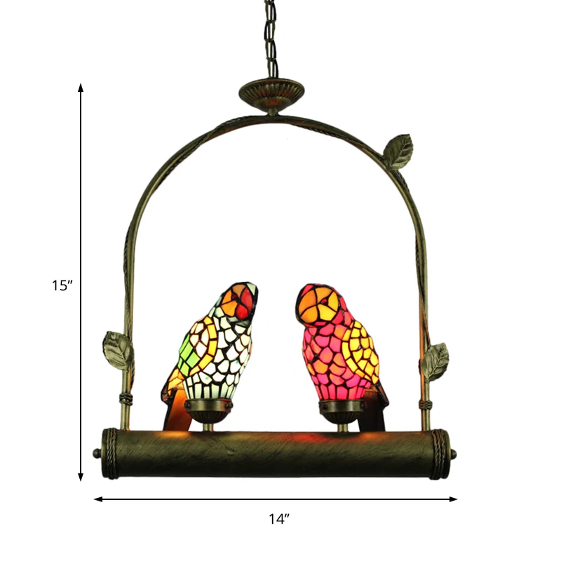2 Lights Parrot Ceiling Light Tiffany Style Blue and Pink/Red and Yellow Stainless Glazen Hanging Lamp Perch Swing Red