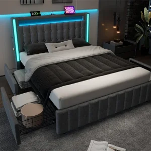 Linnen gewatteerd volwassen bed - 140x200 cm - 2 lades - met oplaadfunctie en LED verlichting - Grijs