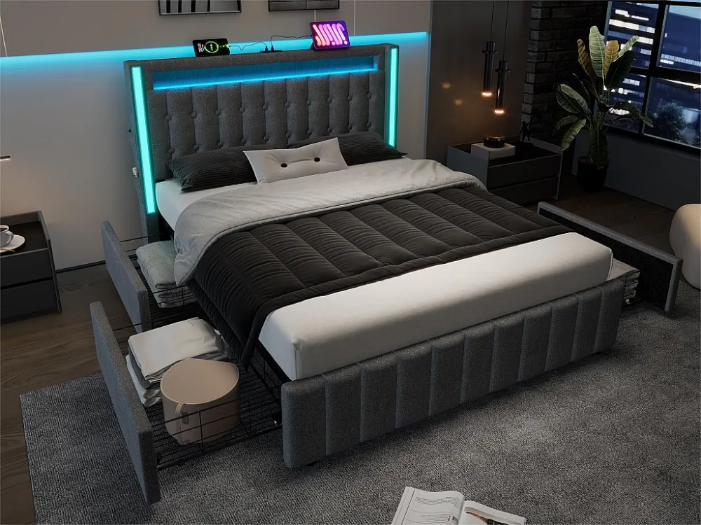 Linnen gewatteerd volwassen bed - 140x200 cm - 2 lades - met oplaadfunctie en LED verlichting - Grijs