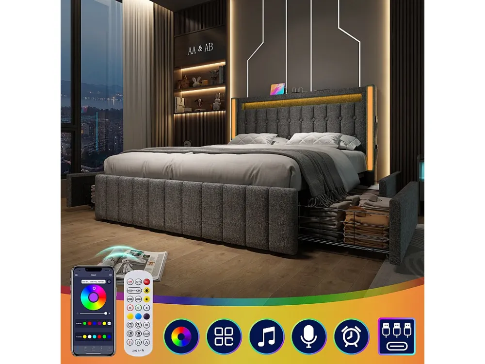 Linnen gewatteerd volwassen bed - 140x200 cm - 2 lades - met oplaadfunctie en LED verlichting - Grijs