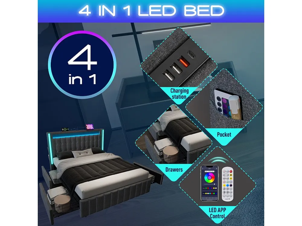 Linnen gewatteerd volwassen bed - 140x200 cm - 2 lades - met oplaadfunctie en LED verlichting - Grijs