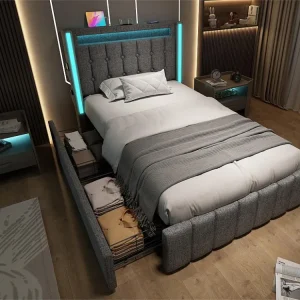 Linnen gewatteerd volwassen bed - 90x200 cm - 2 lades - met oplaadfunctie en LED verlichting - Grijs