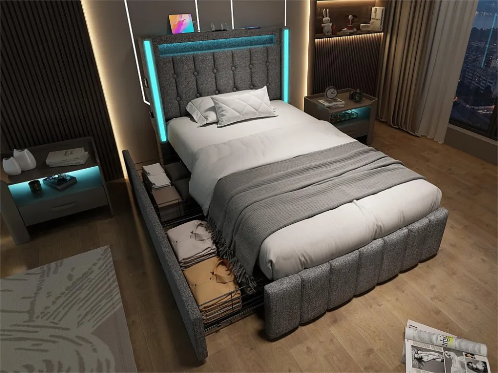 Linnen gewatteerd volwassen bed - 90x200 cm - 2 lades - met oplaadfunctie en LED verlichting - Grijs