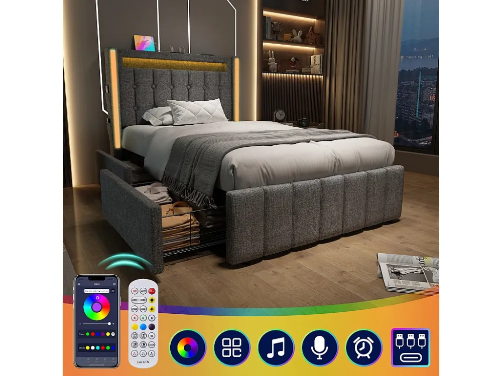 Linnen gewatteerd volwassen bed - 90x200 cm - 2 lades - met oplaadfunctie en LED verlichting - Grijs