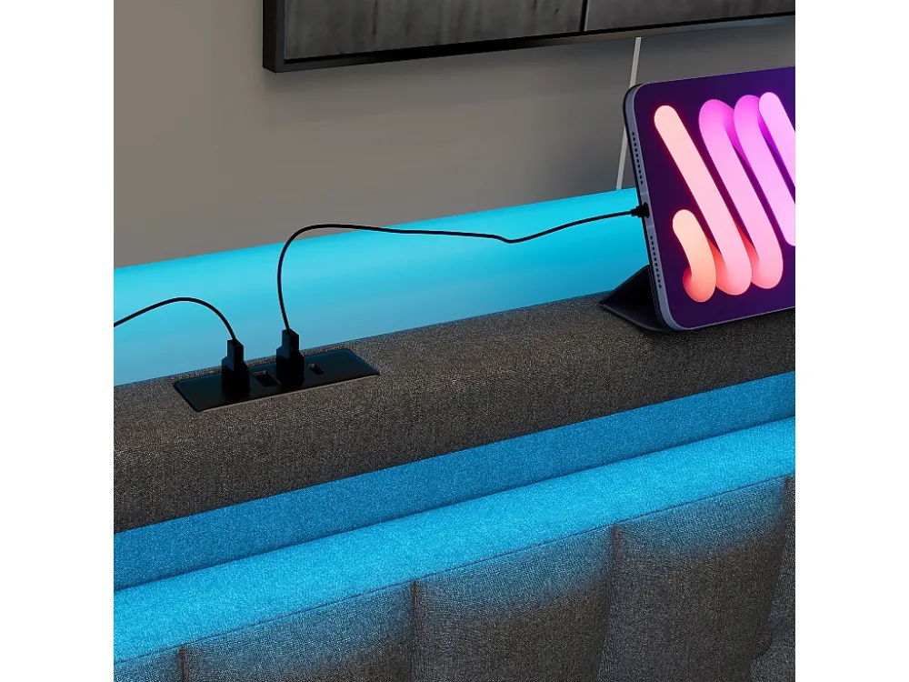 Linnen gewatteerd volwassen bed - 90x200 cm - 2 lades - met oplaadfunctie en LED verlichting - Grijs