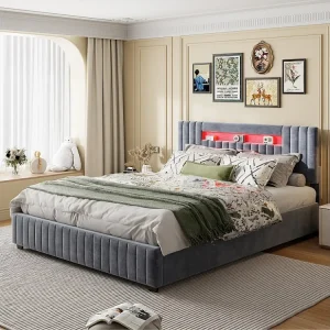 Lit coffre 160x200cm - Lit dubbel avec sommier à lattes et tête de lit LED avec rangemet, en tissu velours gris