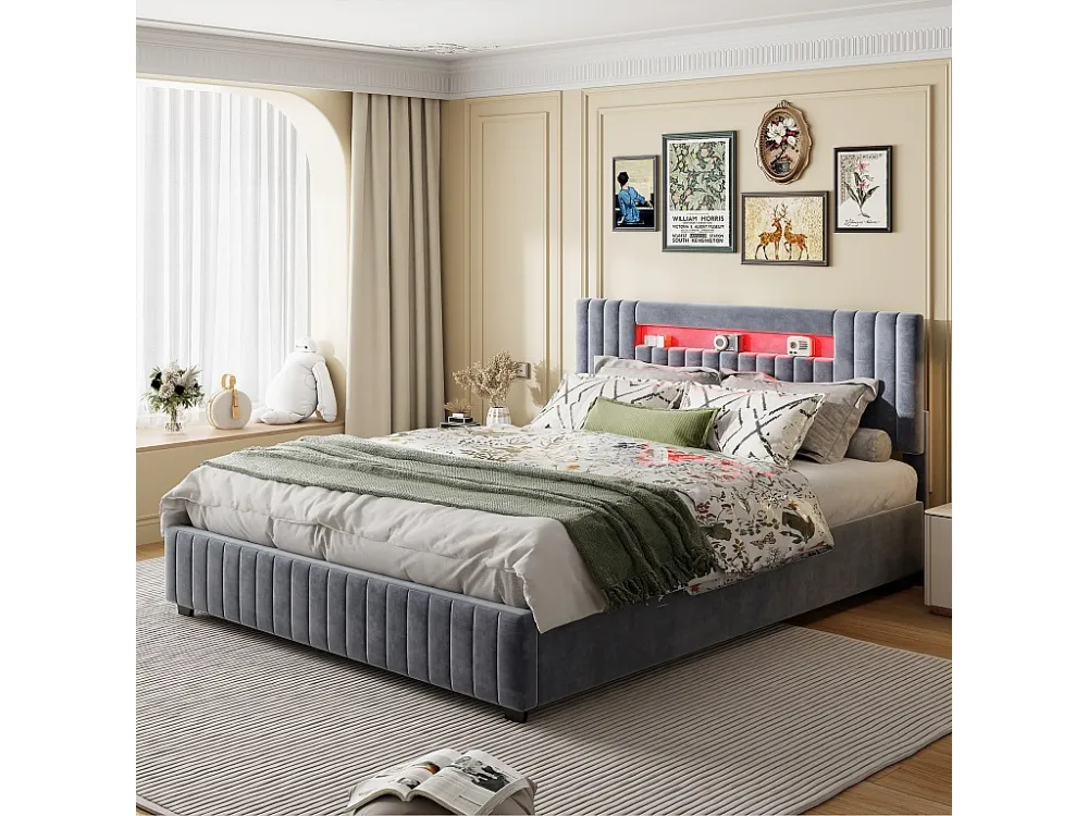 Lit coffre 160x200cm - Lit dubbel avec sommier à lattes et tête de lit LED avec rangemet, en tissu velours gris