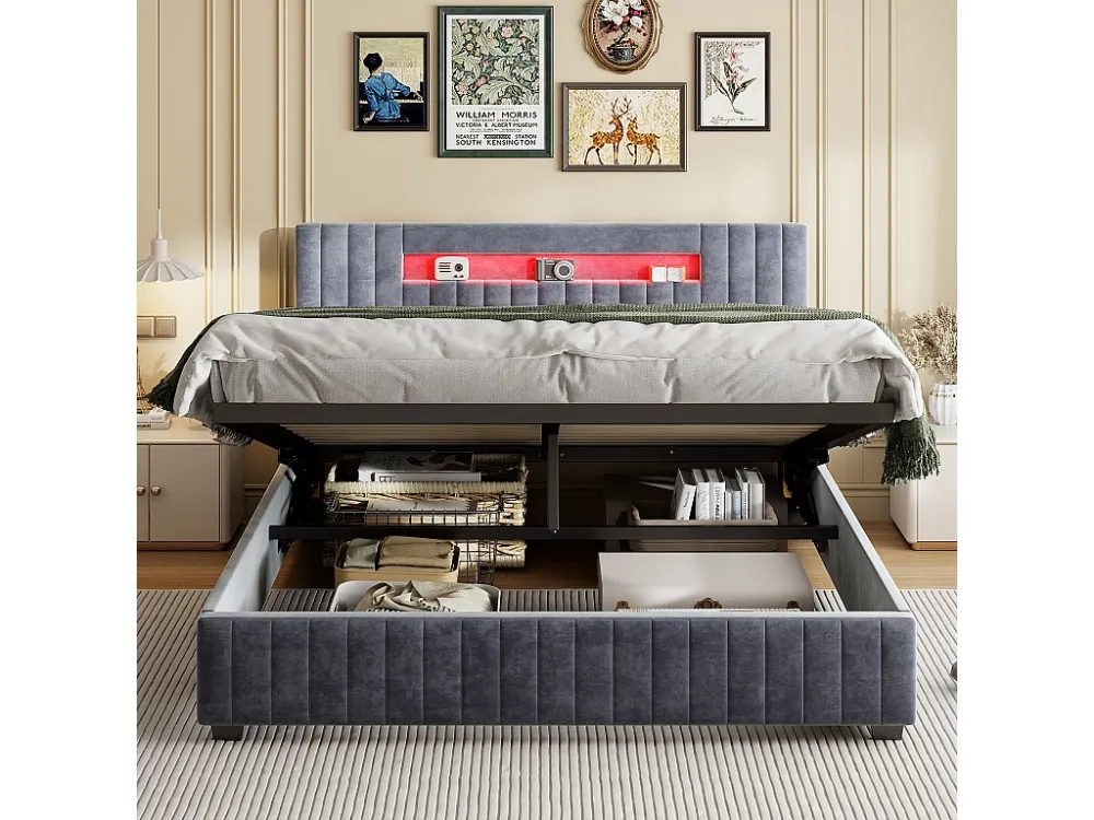 Lit coffre 160x200cm - Lit dubbel avec sommier à lattes et tête de lit LED avec rangemet, en tissu velours gris
