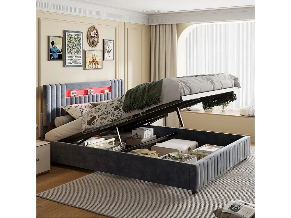Lit coffre 160x200cm - Lit dubbel avec sommier à lattes et tête de lit LED avec rangemet, en tissu velours gris