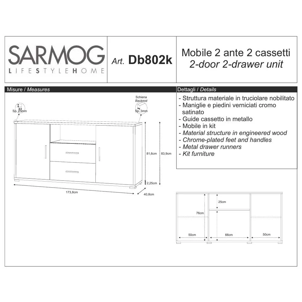 Living Room Mobile Credenza 2 doors and 2 drawers Cement Structure Finish / Parelmoer Oxide Front Finish Sarmog