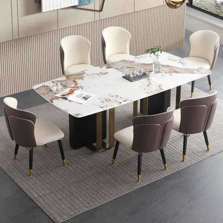 Luxury Sintered Stone Top Dining Table Rectangle Table Dubbel Pedestal Black and Gold 55