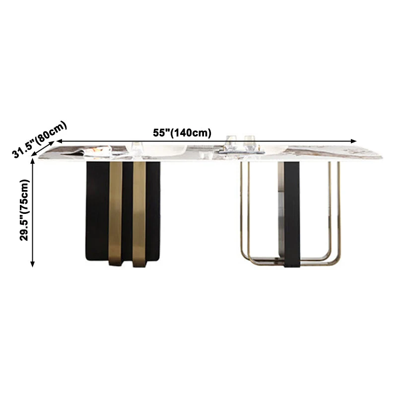 Luxury Sintered Stone Top Dining Table Rectangle Table Dubbel Pedestal Black and Gold 55