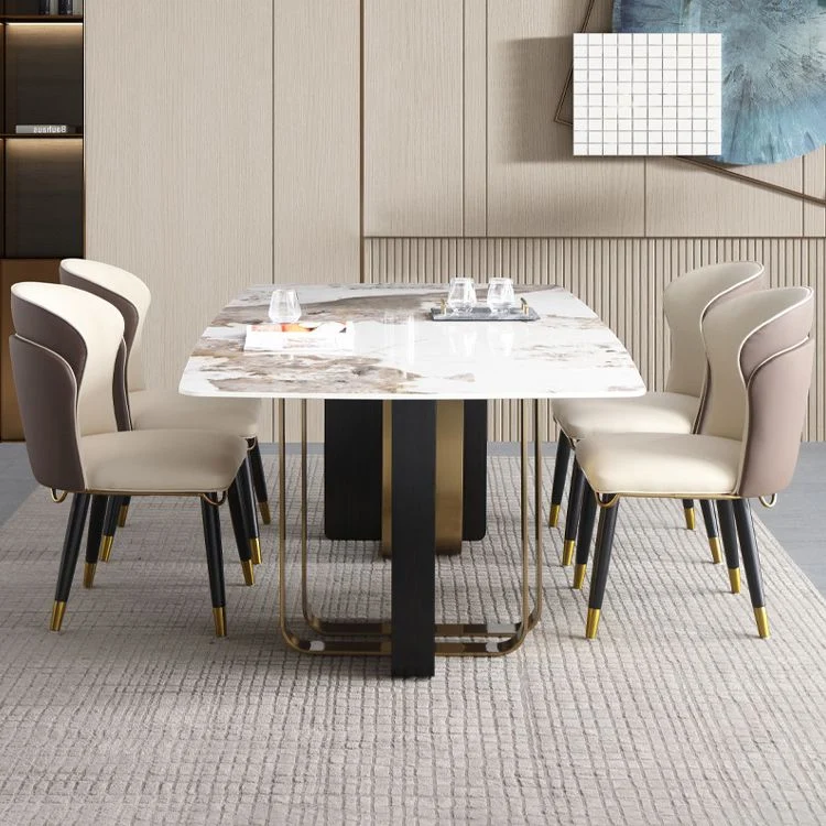 Luxury Sintered Stone Top Dining Table Rectangle Table Dubbel Pedestal Black and Gold 55