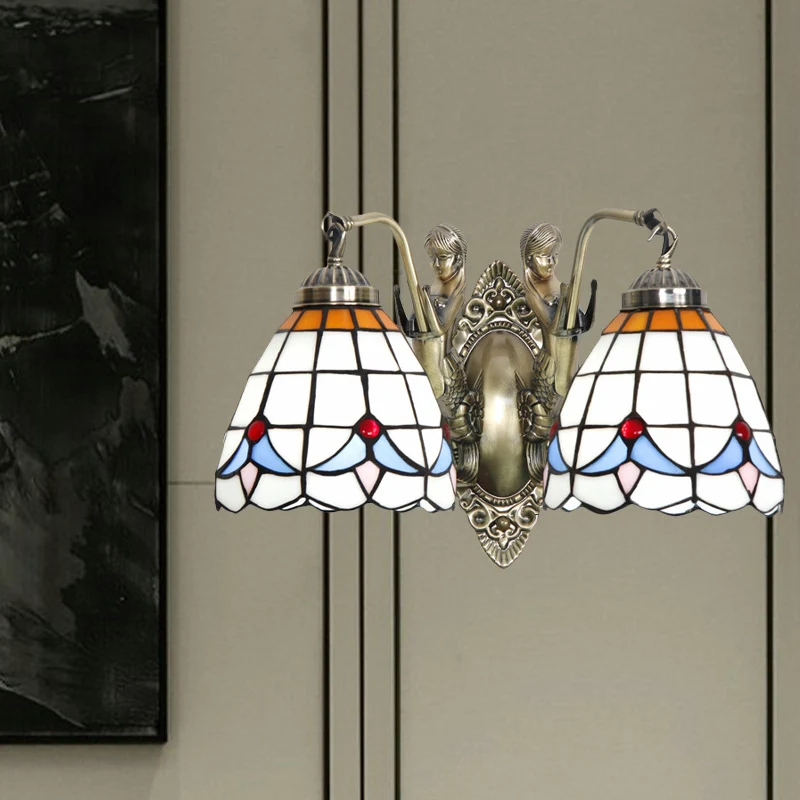 Mermaid Metal Wall Light Baroque 2-Head White/Blue Sconce Domed Stained Art Glazen Shade Blue