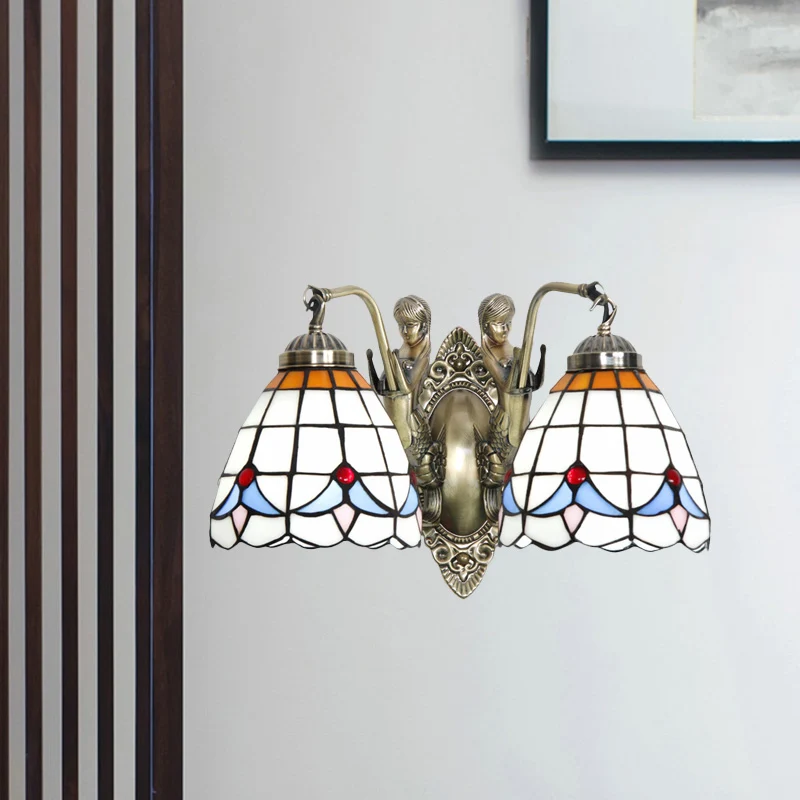 Mermaid Metal Wall Light Baroque 2-Head White/Blue Sconce Domed Stained Art Glazen Shade Blue